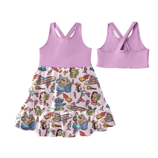 Preorder (moq 5)Baby Girls Lavender Sleeveless Cartoon Bunny Patchwork Knee Length Dress
