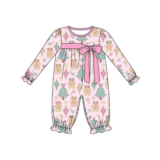 Preorder (moq 5)Baby Girls Pink Long Ruffle Sleeves Trees Gingerbread Pant Rompers