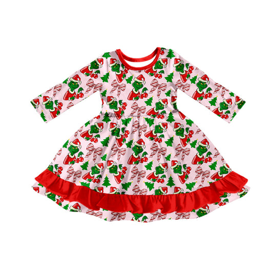 Preorder (moq 5)Baby Girls Green Faces Bows Plaid Christmas Ruffle Knee Length Dresses
