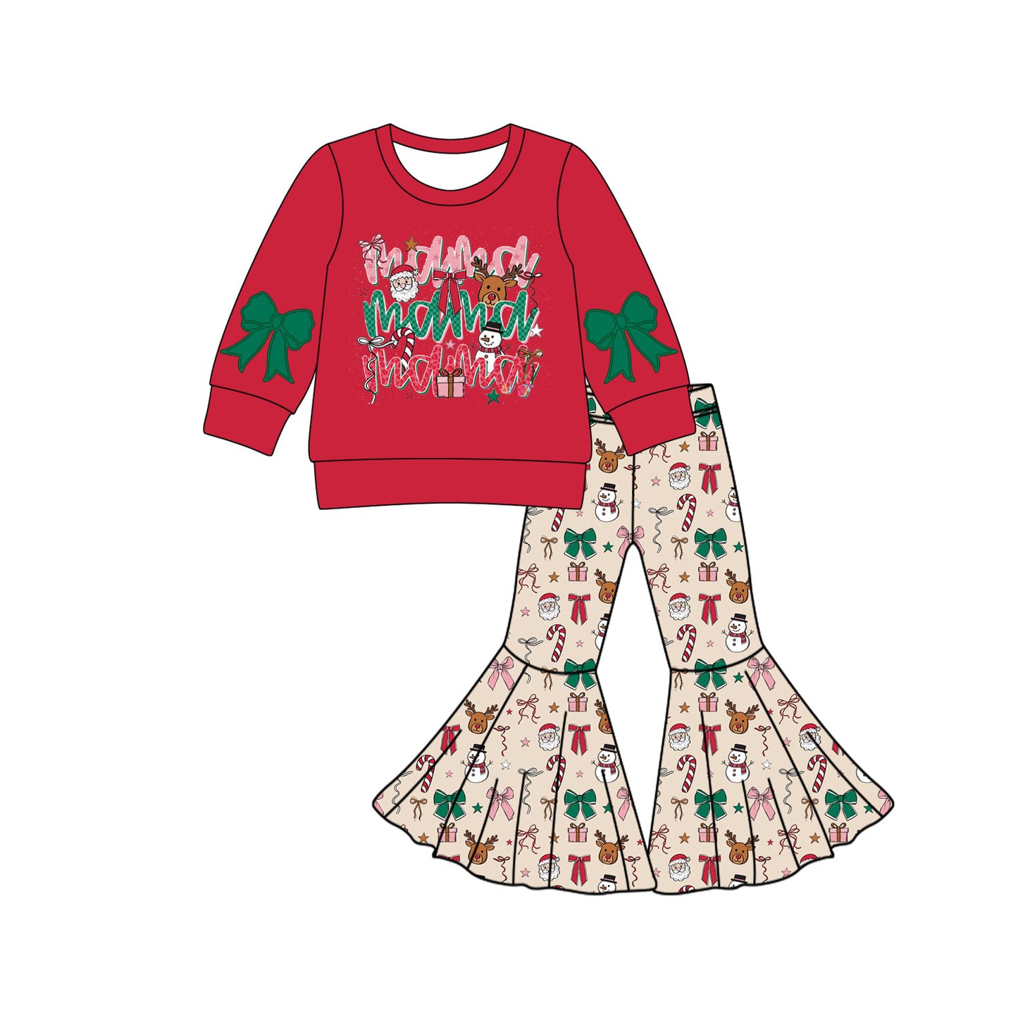 Preorder (moq 5)Baby Girls Santa Deer Top Bell Bottom Pants Christmas Clothes Set