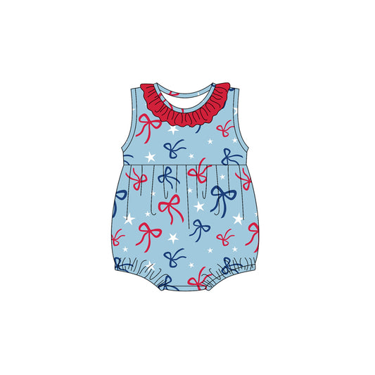 Preorder(moq 5)Baby Infant Girls Sleeveless Red Blue Bows Round Collar 4th Of July Rompers