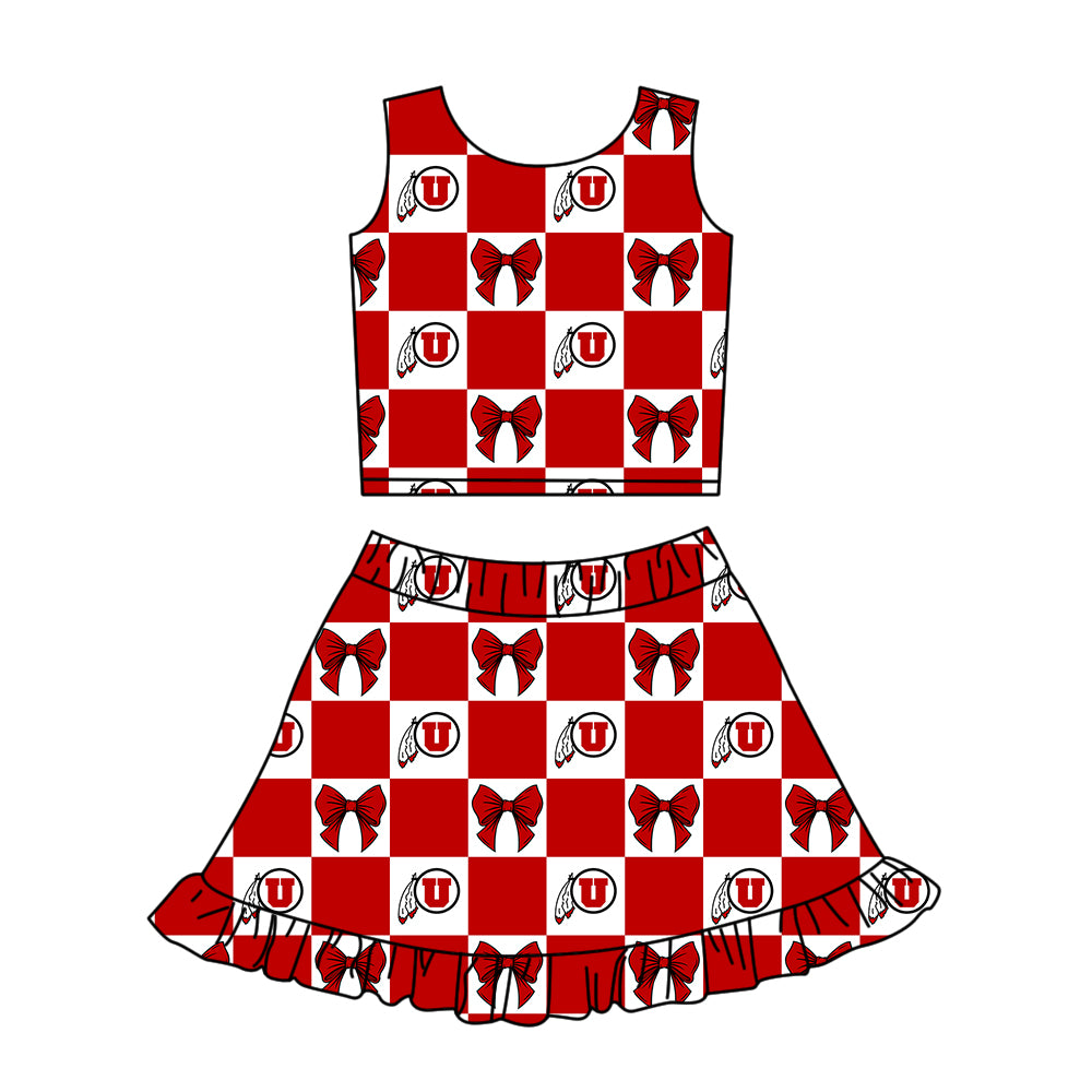Preorder (moq 5)Baby Girls Utah Utes Bows Checked Vests Ruffle Skirt Short Team Clothes Sets