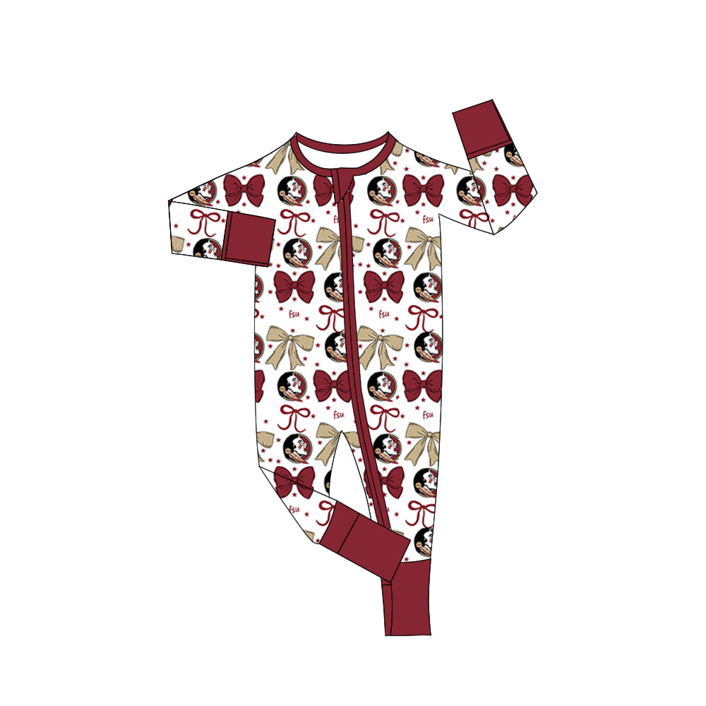 Preorder(moq 5)Baby Girls Red FSU Bows Zipper Footie Rompers