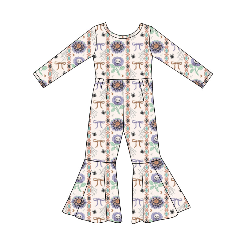 Preorder (moq 5)Baby Girls Ghost Pumpkins Flowers Bell Bottom Halloween Jumpsuits