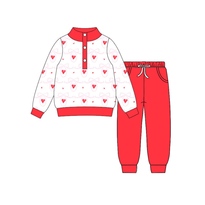 Preorder(moq 5) Baby Girls Hearts Bows Checked Button Top Pockets Jogger Valentine Clothes Sets