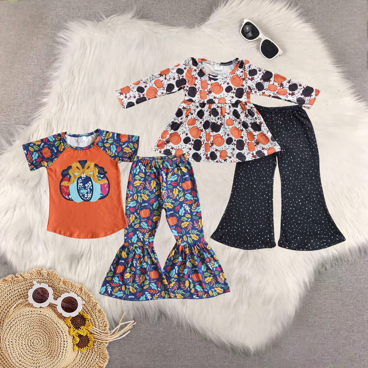 Sibling Baby Girls Fall Floral Pumpkins Tunic Bell Bottom Pants Clothes Sets
