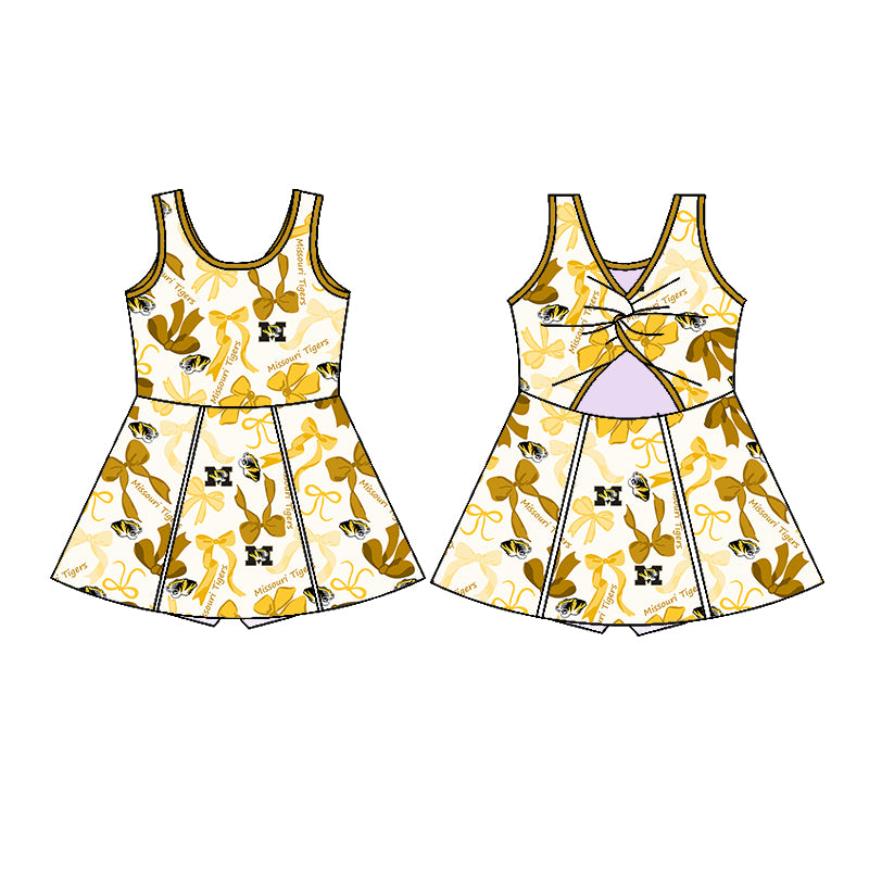 Preorder (moq 5)Baby Girls Yellow Sleeveless Bows Plaid M Tiger Shorts Team Knee Length Dresses