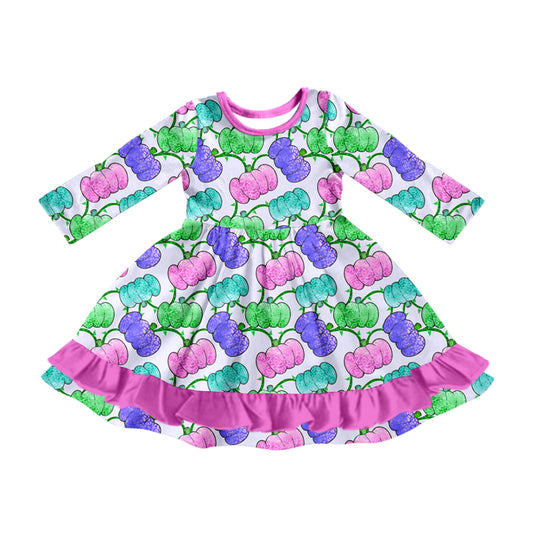 Preorder (moq 5)Baby Girls Long Sleeves Colorful Pumpkins Plaid Ruffle Knee Length Dresses