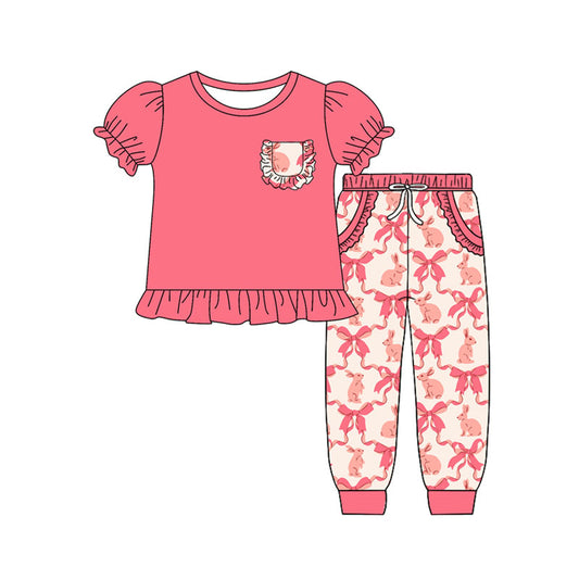 Preorder(moq 8)Baby Girls Pink Pocket Top Bows Rabbits Checked Jogger Easter Clothes Sets
