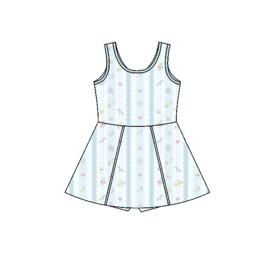 Preorder(moq 5) Baby Girls Aqua Stripes Flowers Plaid Shorts Knee Length Dresses