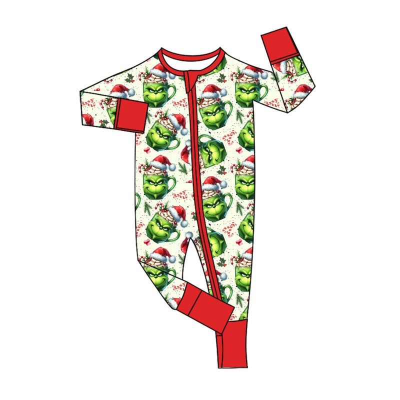Preorder(moq 5)Baby Infant Boys Green Face Candy Cane Christmas Zipper Rompers