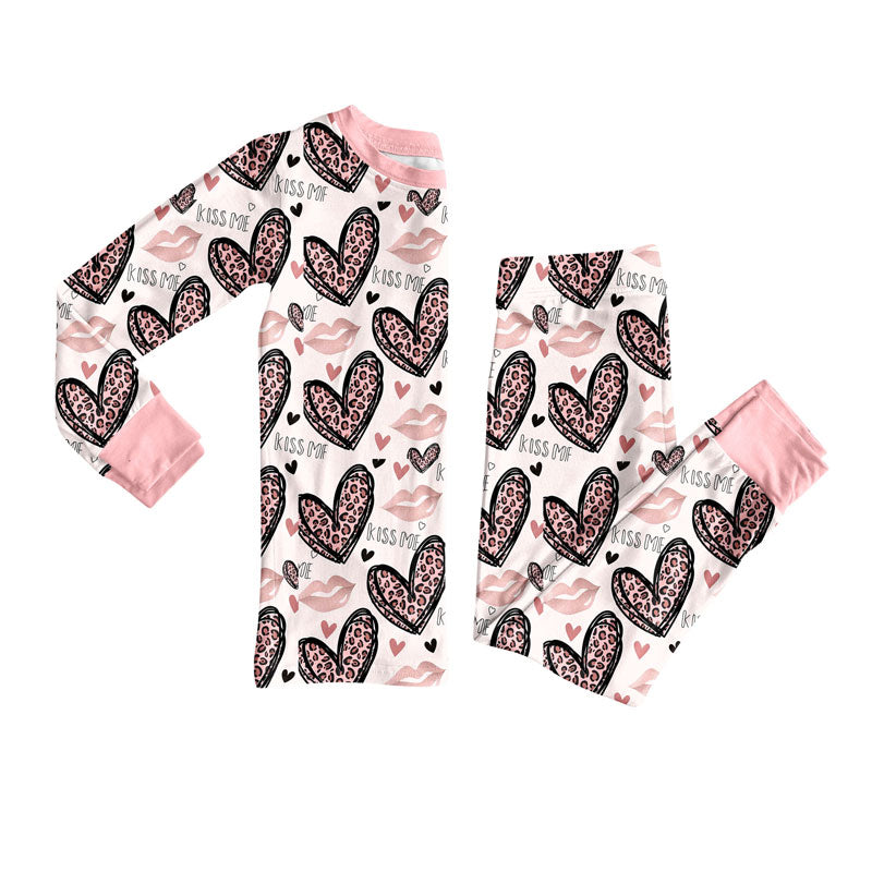Preorder (moq 5)Baby Girls Pink Leopard Hearts Kiss Me Top Pants Valentine Pajamas Sets