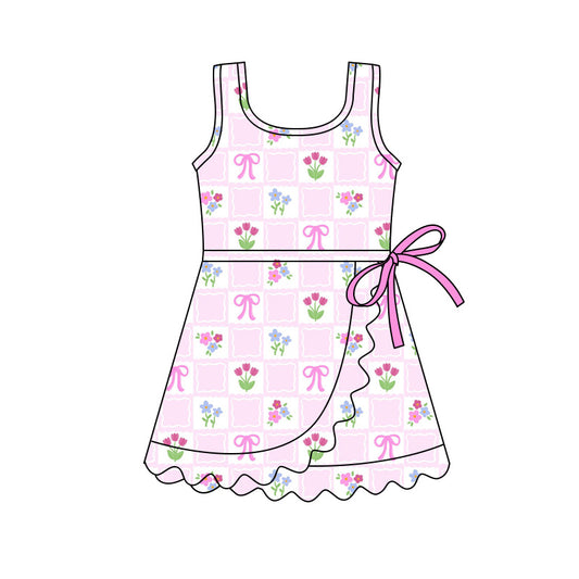 Preorder (moq 5)Baby Girls Sleeveless Bow Flowers Checked Scallop Short Knee Length Dresses