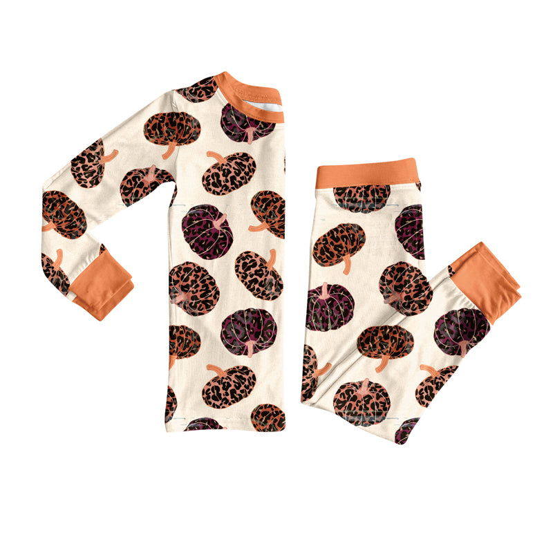 Preorder (moq 5)Baby Girls Long Sleeves Leopard Pumpkins Plaid Top Pants Pajamas Set