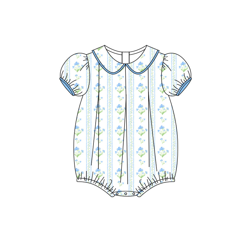 Preorder(moq 5)Baby Infant Girls Blue Short Ruffle Sleeves Floral Stripe Ruffle Rompers