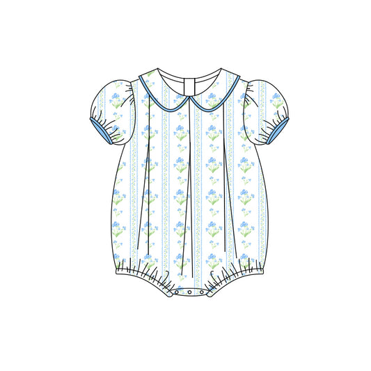 Preorder(moq 5)Baby Infant Girls Blue Short Ruffle Sleeves Floral Stripe Ruffle Rompers