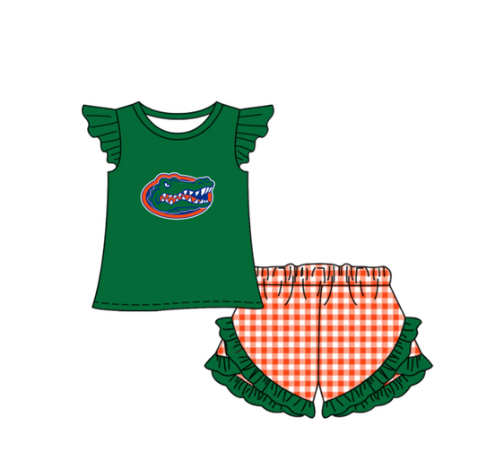 Preorder (moq 5)Baby Girls Florida Gators Top Checked Ruffle Short Team Clothes Set