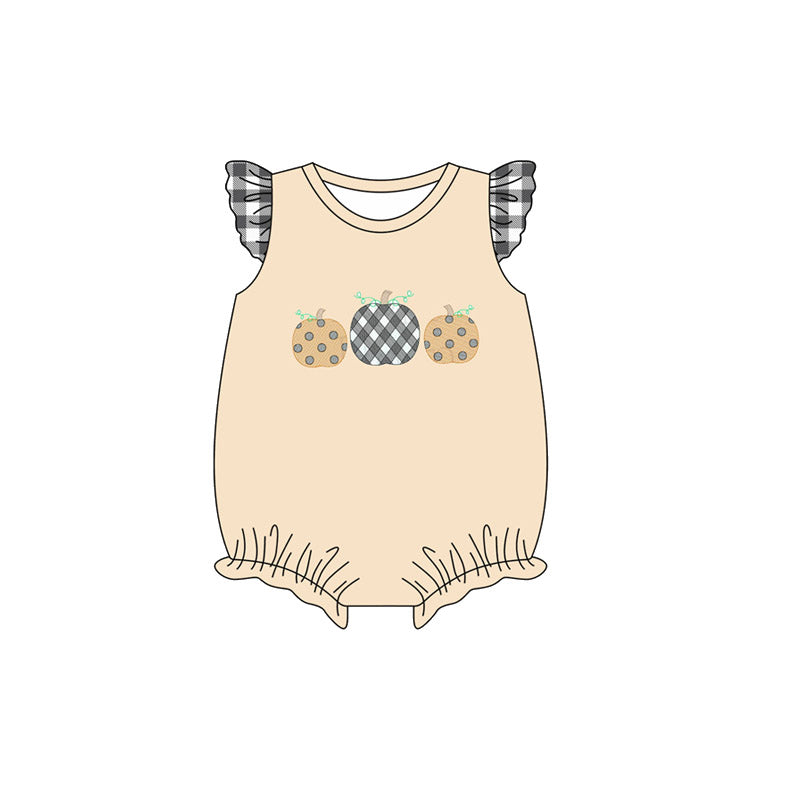 Preorder (moq 5)Baby Girls Gray Plaid Flutter Sleeves Yellow Pumpkins Ruffle Rompers