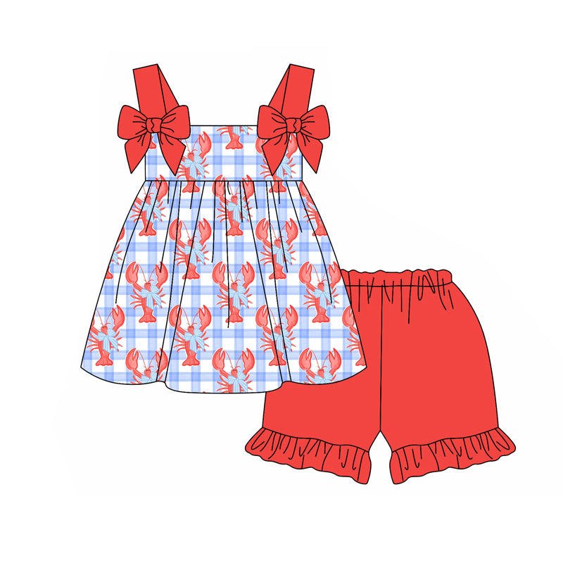 Preorder (moq 5)Baby Girls Crawfish Bows Straps Tunic Top Shorts Clothes Sets