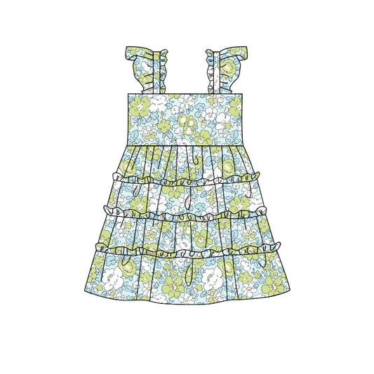 Preorder(moq 5) Baby Girls Flutter Sleeve Green Flowers Patchworks Knee Length Dresses