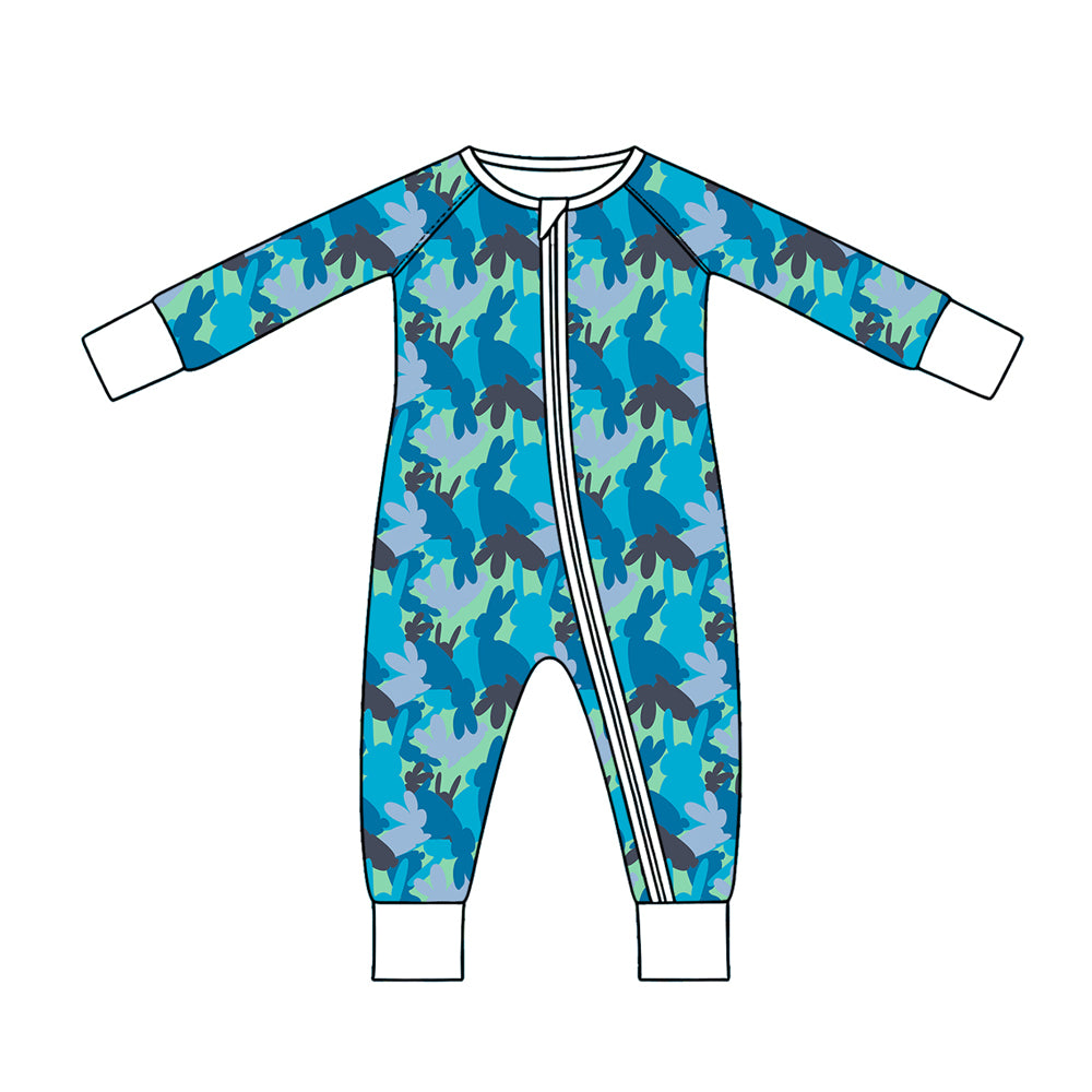 Preorder (moq 5) Baby Boy Clothes Easter Blue Camo Bunny Silhouette Mixed Print Long Sleeve Zipper Romper
