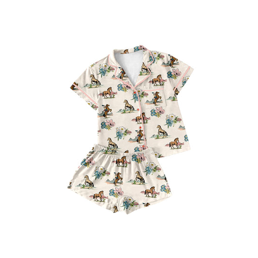 Preorder (moq 5)Baby Girls Western Rodeo Flowers Buttons Top Shorts Pajamas Sets