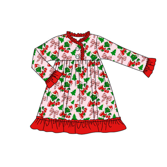 Preorder (moq 5)Baby Girls Green Faces Bows Plaid Christmas Button Ruffle Knee Length Dress