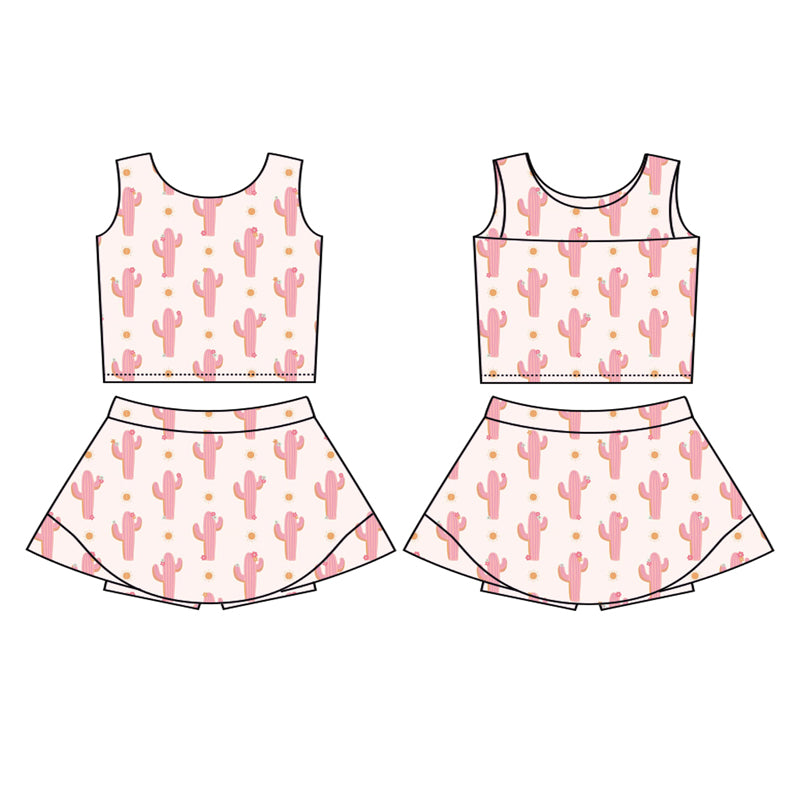 Preorder (moq 5)Baby Girls Sleeveless Pink Cactus Polka Dots Vest Top Short Skirts Set