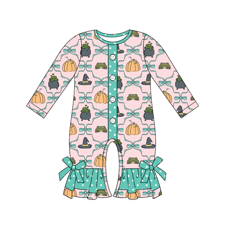 Preorder (moq 5)Baby Girls Pink Long Sleeves Bows Magic Hats Button Ruffle Rompers