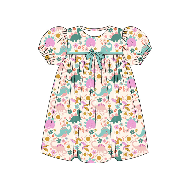 Preorder (moq 5)Baby Girls Short Ruffle Sleeves Pink Floral Dinosaurs Knee Length Dresses