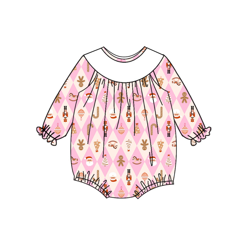 Preorder (moq 5)Baby Girls Long Sleeves Pink Santa Soldiers Gingerbread Plaid Ruffle Romper