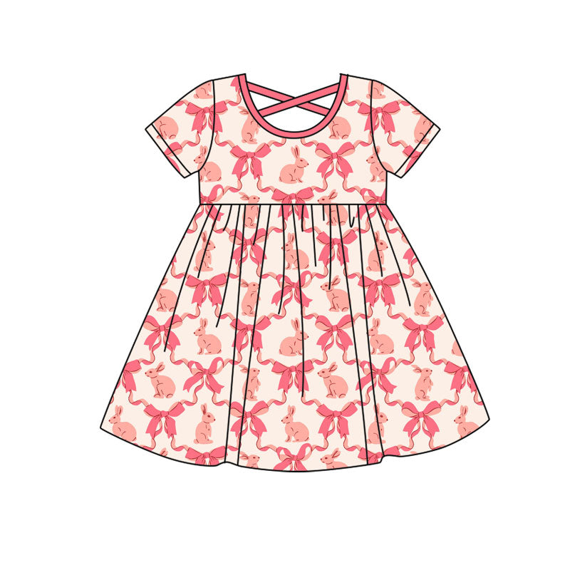 Preorder(moq 8)Baby Girls Pink Bows Rabbits Checked Easter Knee Length Dresses