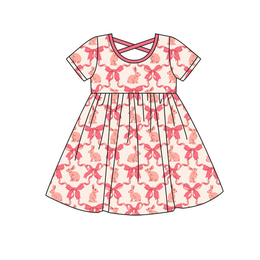 Preorder(moq 8)Baby Girls Pink Bows Rabbits Checked Easter Knee Length Dresses