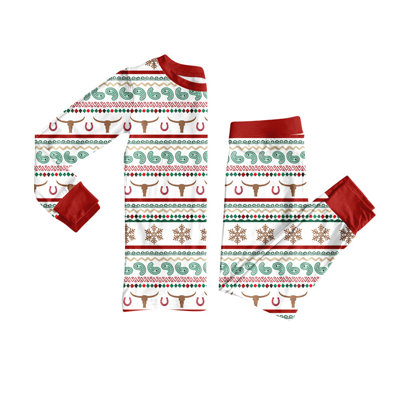 Preorder (moq 5)Baby Girls Long Sleeves Bull Skull Aztec Stripe Top Pant Pajamas Clothes Set