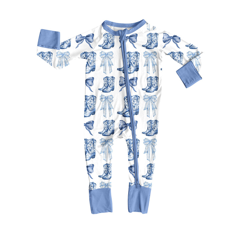 Preorder moq 5 Baby Infant Girls Long Sleeves Blue Bows Boots Plaid Zipper Romper