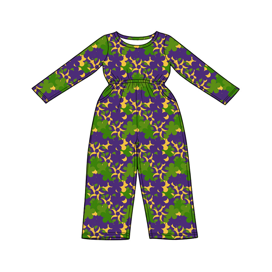 Preorder (moq 5) Baby Girls Long Sleeve Mardigras Flowers Pockets Pant Jumpsuits
