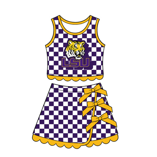Preorder moq 5 Baby Girls Purple Checked LSU Tiger Top Bows Skirt Short Scallop Clothes Set