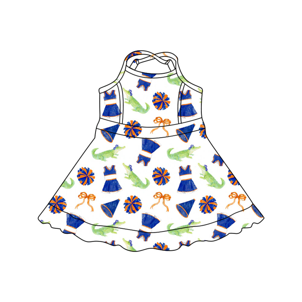 Preorder (moq 5)Baby Girls Strap Bows Crocodiles Team Cheer Short Knee Length Dresses
