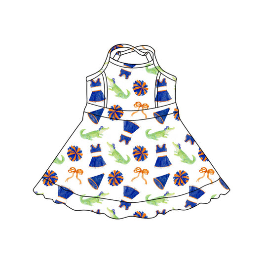 Preorder (moq 5)Baby Girls Strap Bows Crocodiles Team Cheer Short Knee Length Dresses