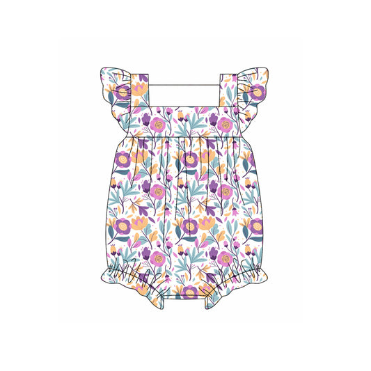 Preorder moq 5 Baby Girls Flutter Sleeves Lavender Floral Ruffle Rompers