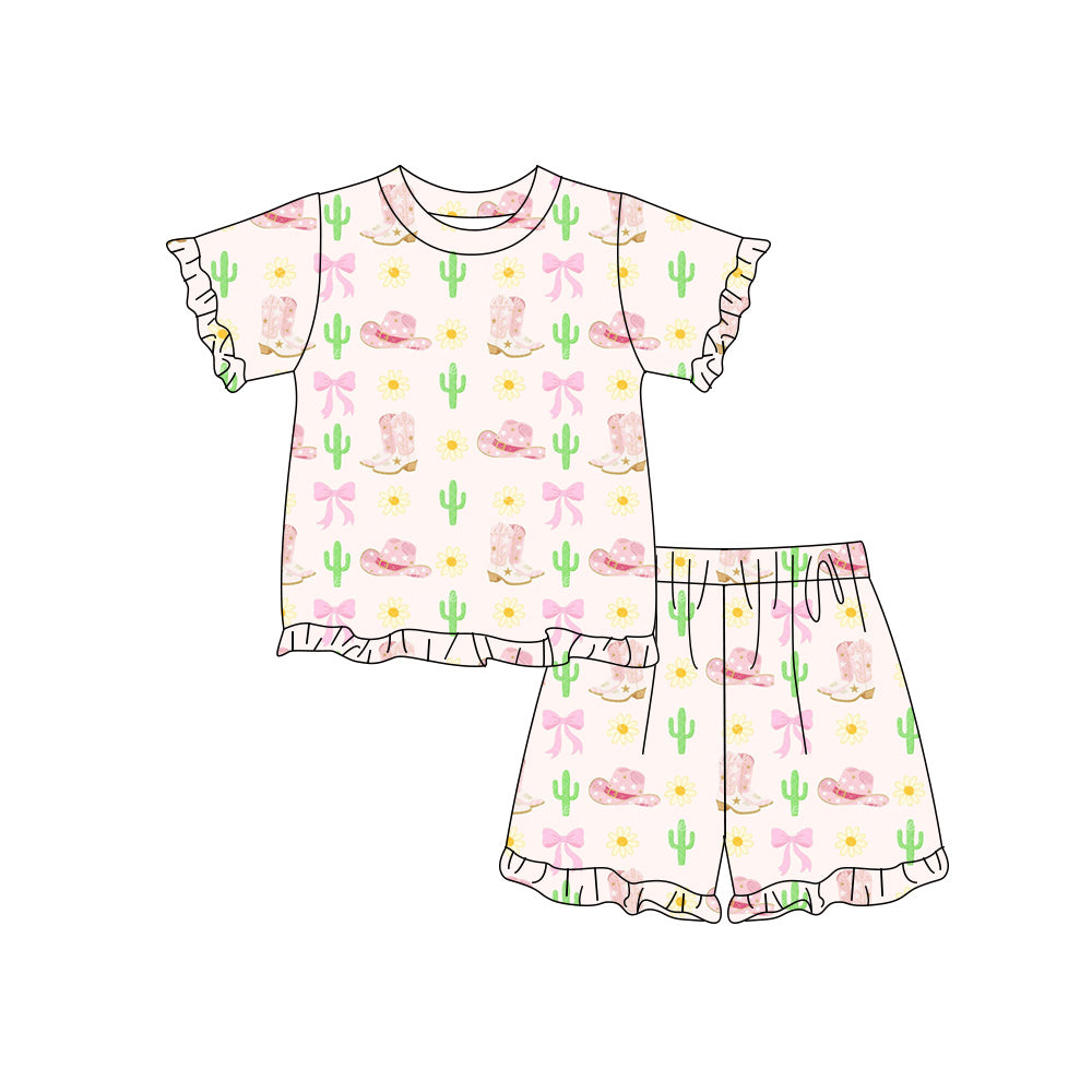 Preorder moq 5 Baby Girls Boot Bows Cactus Top Ruffle Short Western Clothes Sets