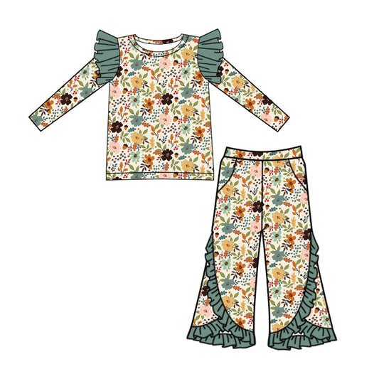 Preorder (moq 5)Baby Girls Colorful Flowers Flutter Long Sleeve Top Pockets Flare Pant Clothes Sets
