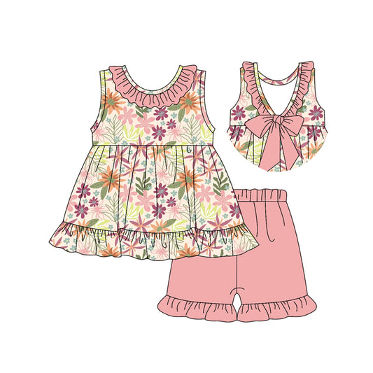 Preorder (moq 5)Baby Girls Sleeveless Pink Floral Round Collar Tunic Ruffle Shorts Clothes Sets