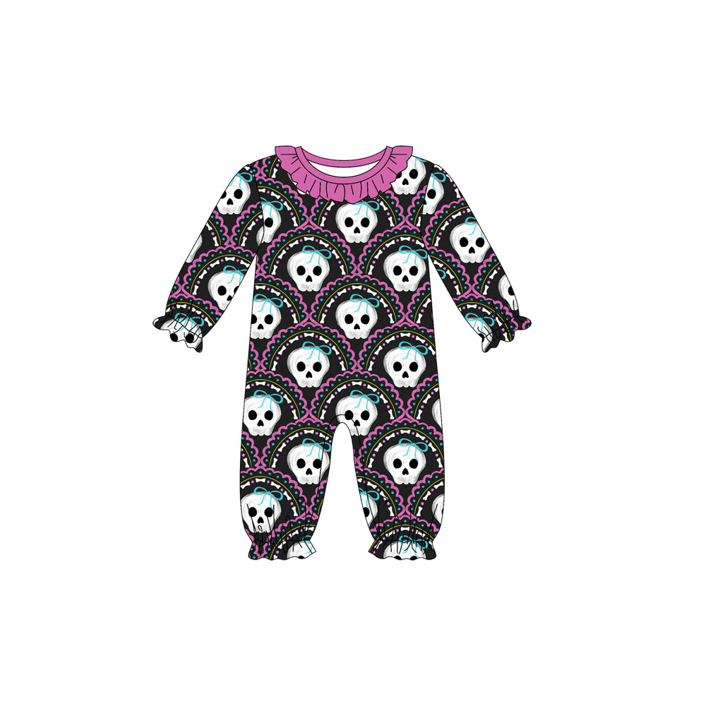 Preorder (moq 5)Baby Girls Long Sleeves Black Turquoises Skull Plaid Ruffle Pant Romper