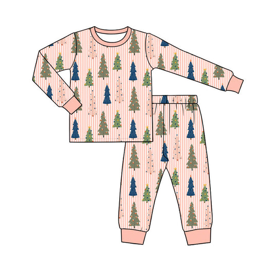 Preorder (moq 5)Baby Girls Pink Stripe Bows Trees Top Pant Pajamas Set
