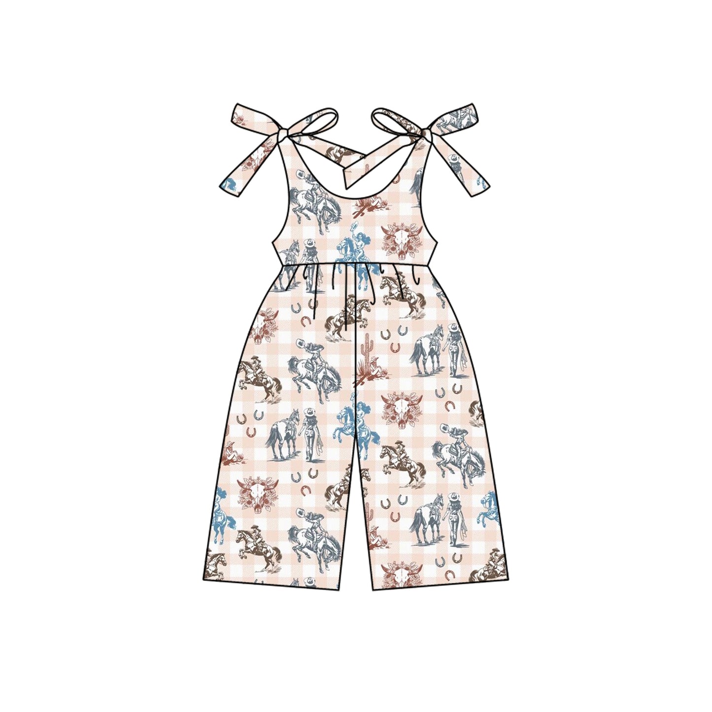 Preorder moq 5 Baby Girls Sleeveless Pink Plaid Horse Rodeo Cactus Jumpsuits