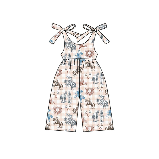 Preorder moq 5 Baby Girls Sleeveless Pink Plaid Horse Rodeo Cactus Jumpsuits