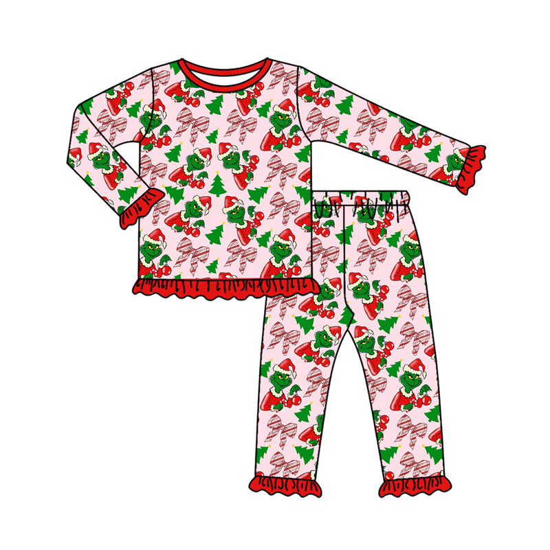 Preorder (moq 5)Baby Girls Green Faces Bows Plaid Top Pants Christmas Pajamas Clothes Set