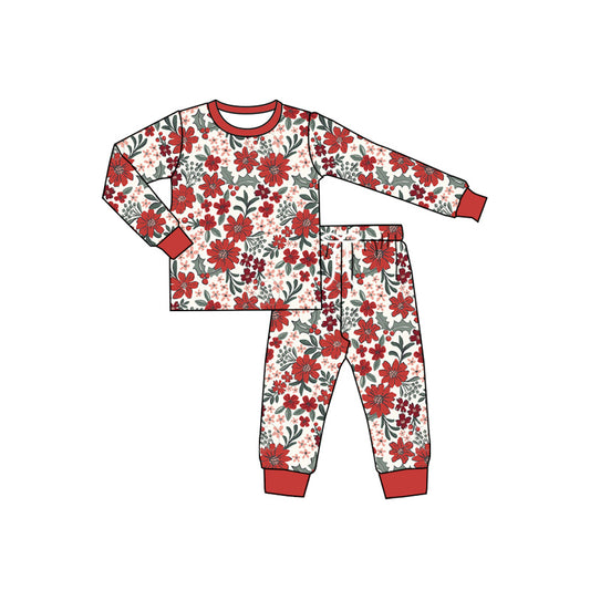 Preorder (moq 5)Baby Girls Long Sleeves Red Daisy Floral Top Pant Pajamas Sets