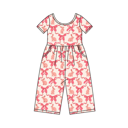 Preorder(moq 8)Baby Girls Pink Bows Rabbits Checked Pockets Easter Pant Jumpsuits